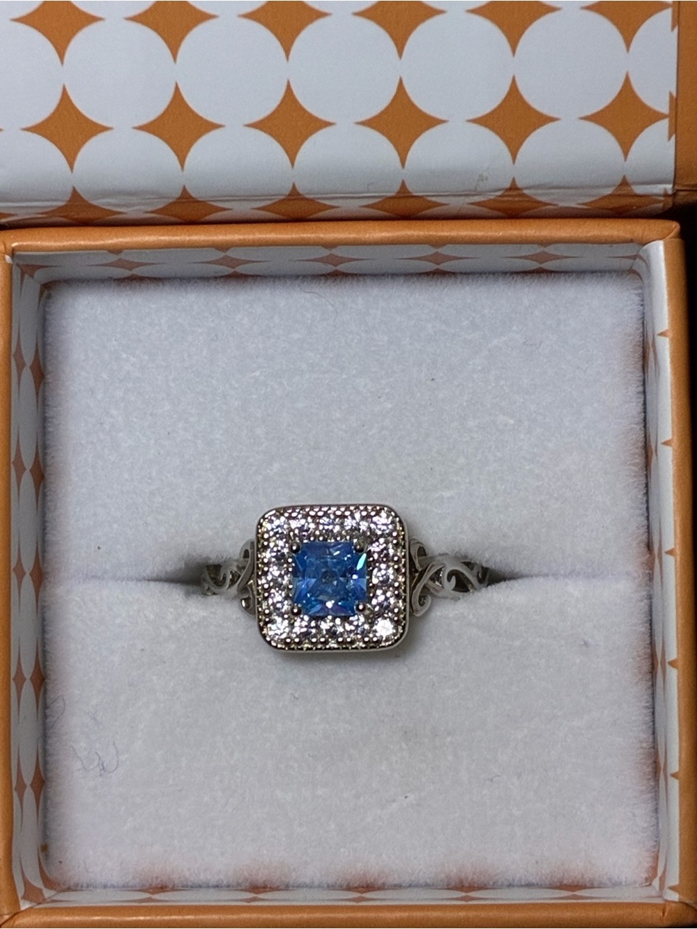 Sterling Silver Cryo Crush Blue Square Halo Ring with Filigree Shoulders